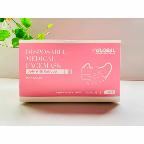 Global Industrial Disposable Medical Face Masks, 3-Ply With Earloops, Individually Wrapped, Pink, 50/Box - Image 3