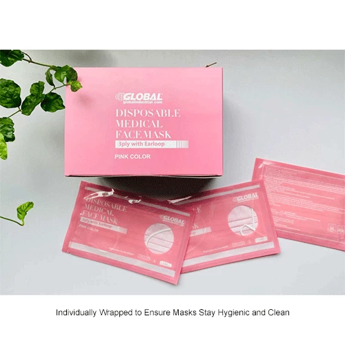 Global Industrial Disposable Medical Face Masks, 3-Ply With Earloops, Individually Wrapped, Pink, 50/Box - Image 9