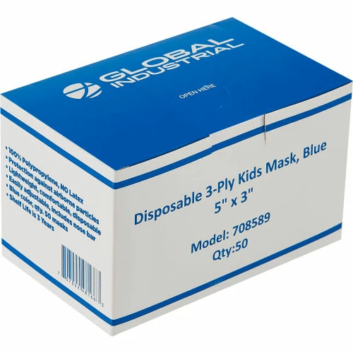 Global Industrial Disposable Face Mask, 3-Ply w/ Earloops, Kids Size, Blue, 50/Box - Image 5
