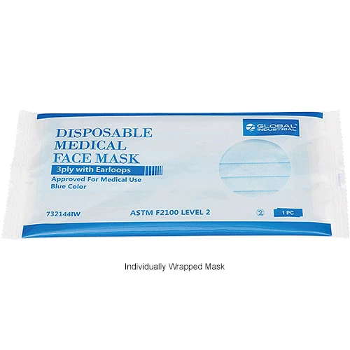 Global Industrial Medical Face Mask, 3-Ply w/Earloops, ASTM Level 2,Individually Wrapped,50/Bx - Image 9