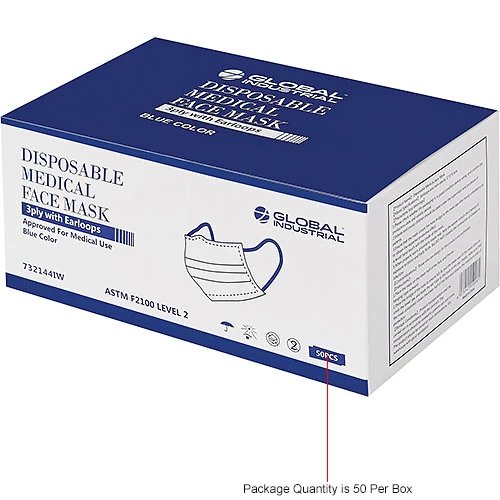 Global Industrial Medical Face Mask, 3-Ply w/Earloops, ASTM Level 2,Individually Wrapped,50/Bx - Image 10