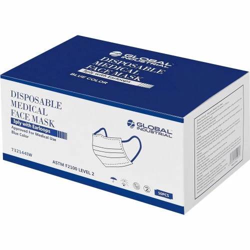 Global Industrial Medical Face Mask, 3-Ply w/Earloops, ASTM Level 2,Individually Wrapped,50/Bx - Image 6