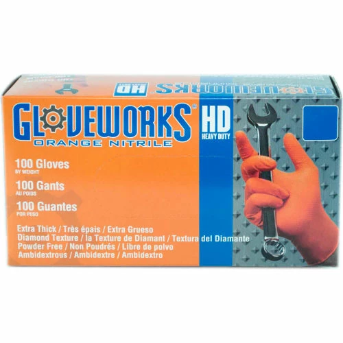 Ammex® Gloveworks Industrial Grade Disposable Nitrile Gloves, Powder-Free, Orange, XL, 100/Box
