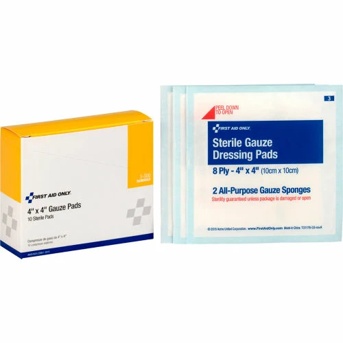 First Aid Only Sterile Gauze Pads, 4" x 4", 10/Box - Pkg Qty 24