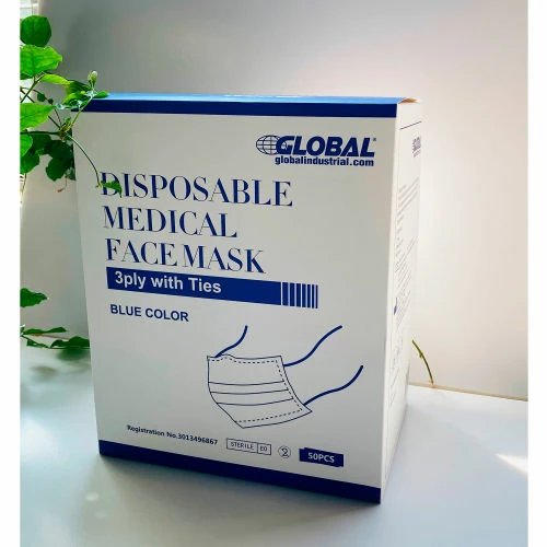 Global Industrial Disposable Medical Face Masks, 3-Ply with Ties, Individually Wrapped, Blue, 50/Box