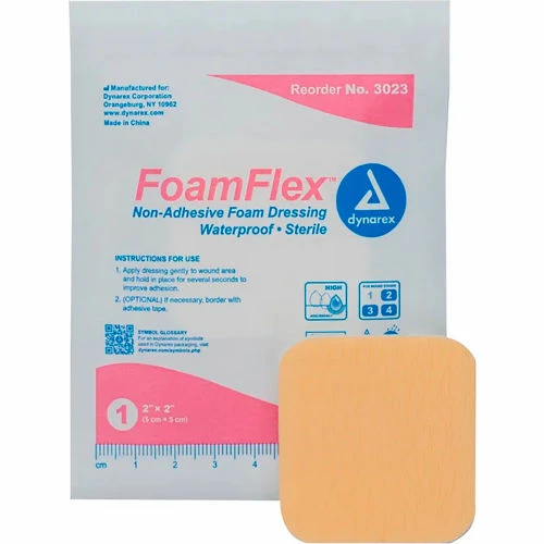 Dynarex FoamFlex Non Adhesive Waterproof Foam Dressing, 2"L x 2"W, 120 Pcs
