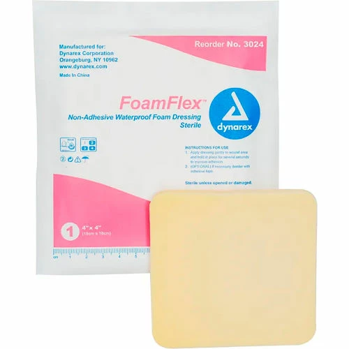 Dynarex FoamFlex Non Adhesive Waterproof Foam Dressing, 4"L x 4"W, 120 Pcs