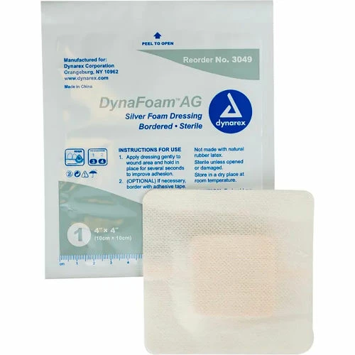 Dynarex Dynafoam AG Bordered Silver Dressing, 4"L x 4"W, 10 Pcs