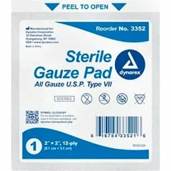 Dynarex Gauze Pad, Sterile, 2"L x 2"W, 12 Ply, 2400 Pcs