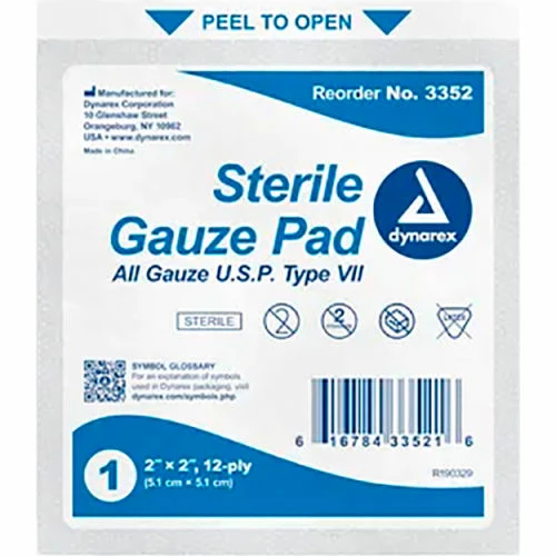Dynarex Gauze Pad, Sterile, 2"L x 2"W, 12 Ply, 2400 Pcs