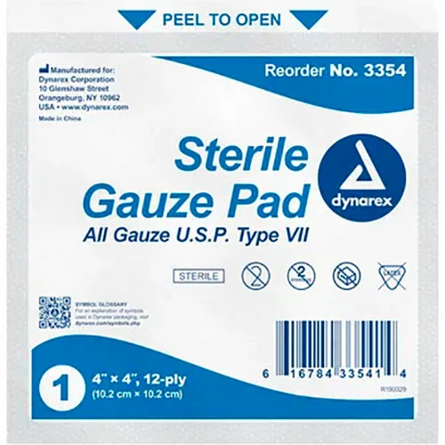 Dynarex Gauze Pad, Sterile, 4"L x 4"W, 12 Ply, 1200 Pcs